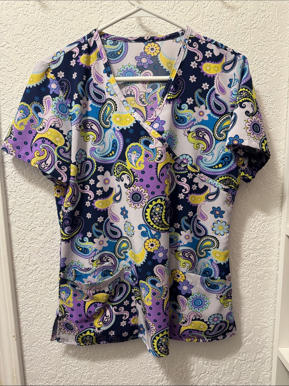 Women's V-Neck Paisley Print Scrub Top - Purple, Navy & Yellow